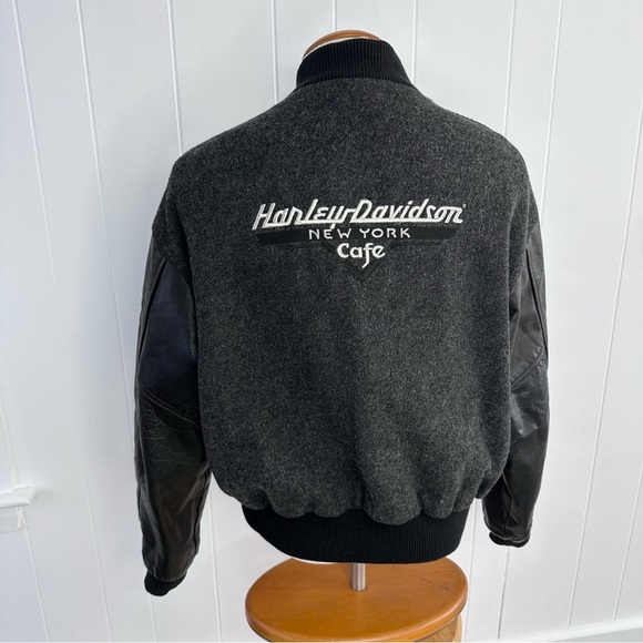 Vintage Harley Davidson New York Cafe Wool & Leather Bomber Jacket - Picture 1 of 11